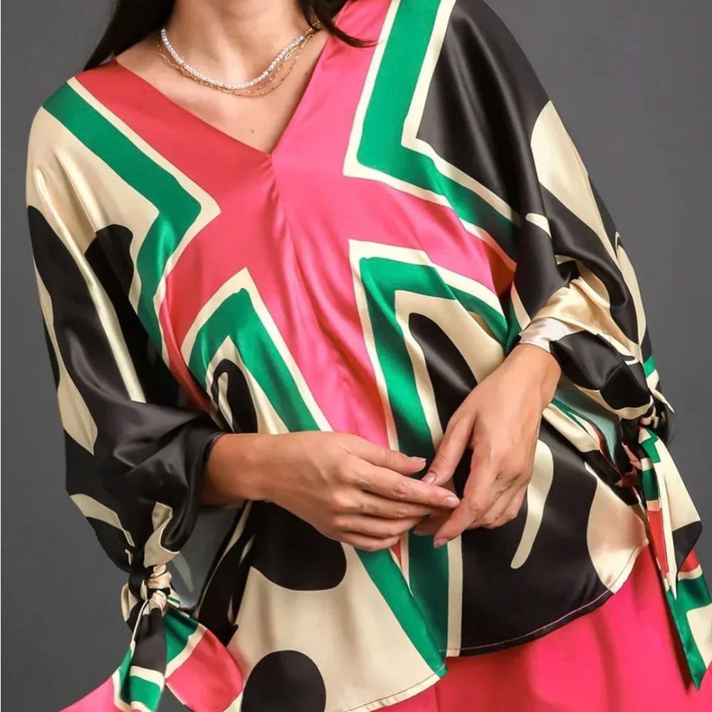 Umgee U.S.A. Magenta, Green & Cream Geometric Satin V-Neck Blouse- Size Small